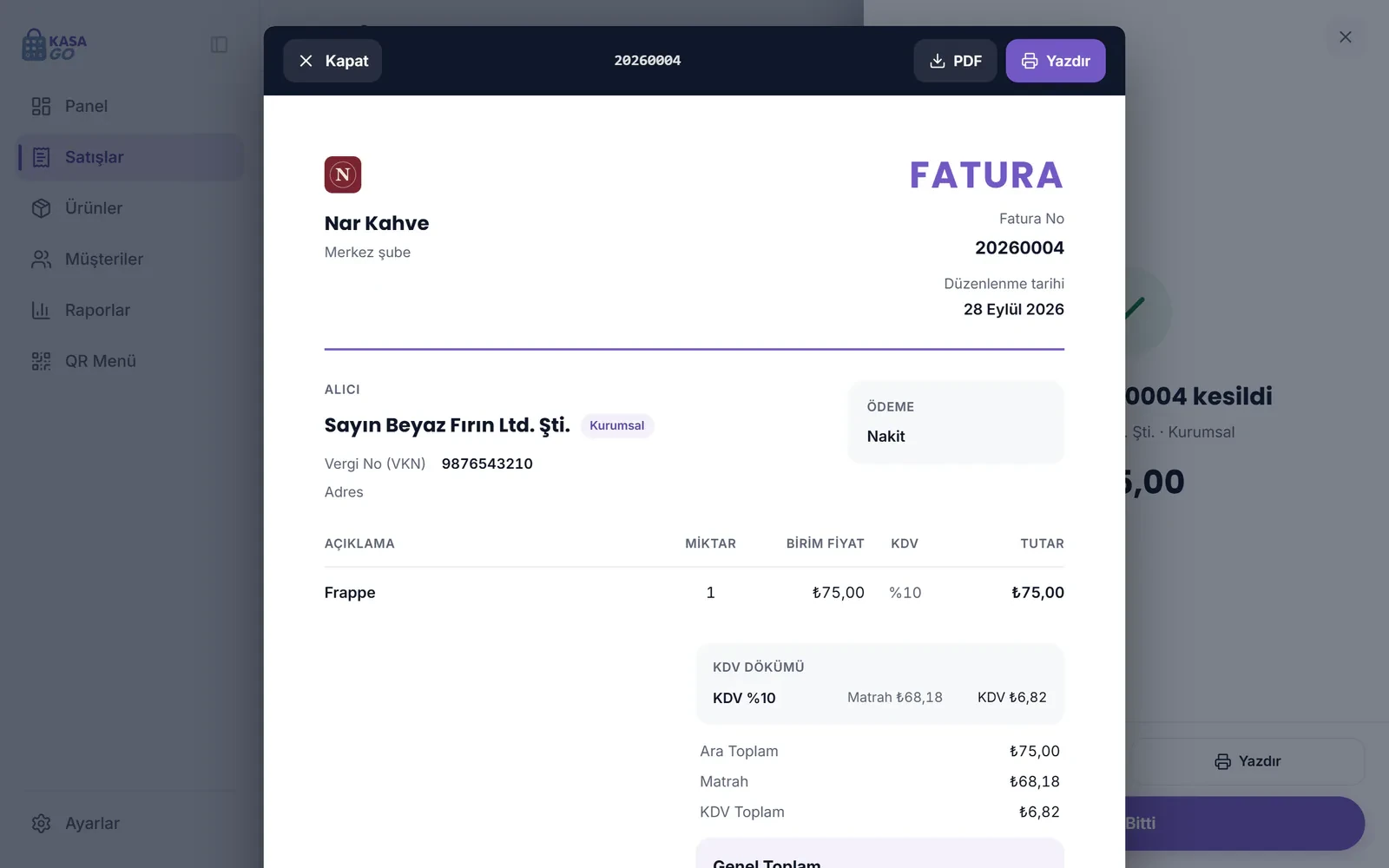 A4 fatura belgesi: işletme logosu, fatura numarası, alıcı ve ödeme bilgisi, ürün satırı ve KDV dökümü
