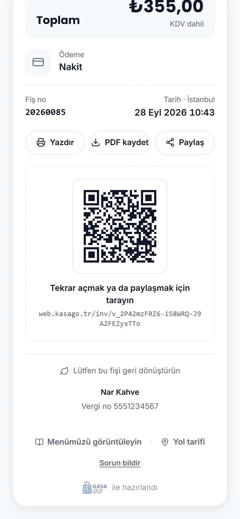 Dijital fişin alt bölümü: yazdırma, PDF ve paylaşma düğmeleri, QR kod, işletme bilgisi ve menü linki