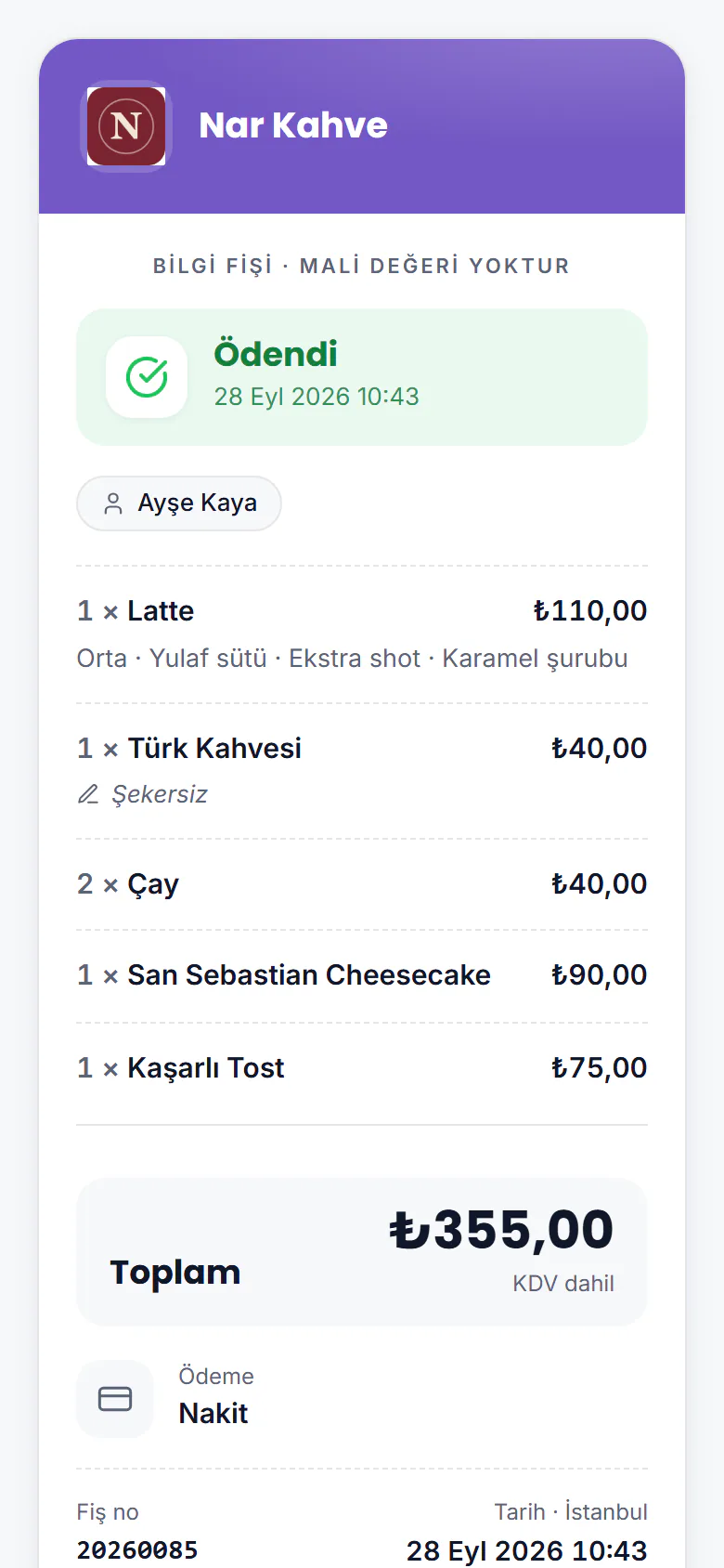 Telefonda dijital fiş: işletme başlığı, bilgi fişi notu, Ödendi durumu, ürünler ve toplam