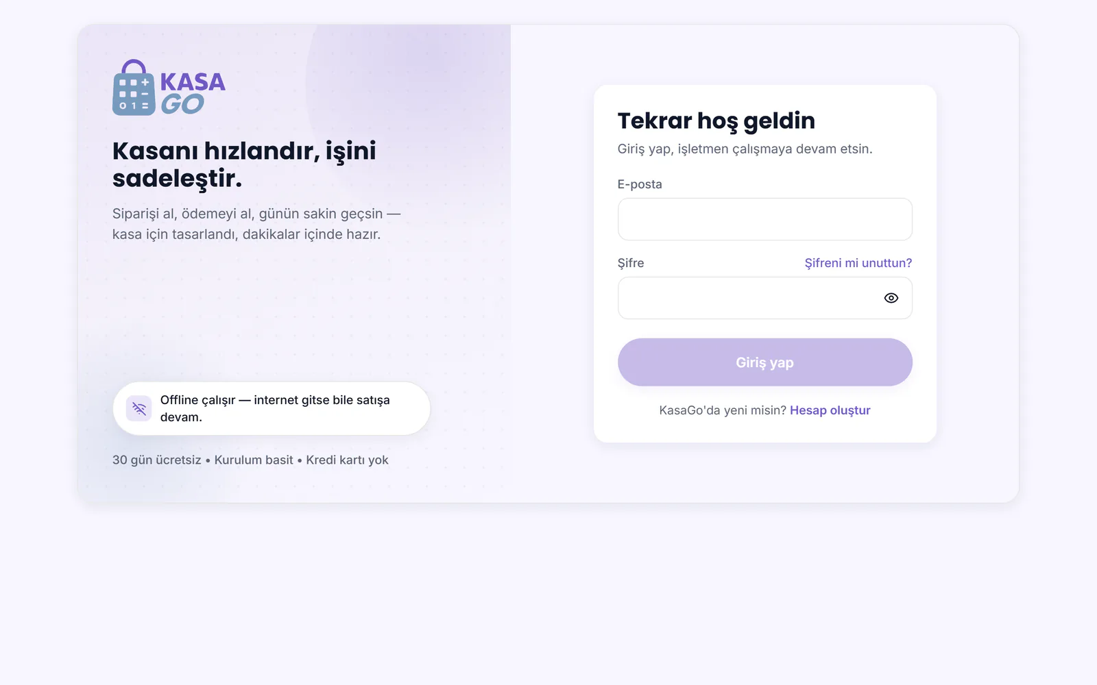 KasaGo giriş ekranı: e-posta ve şifre alanları, şifre sıfırlama linki ve Giriş yap düğmesi